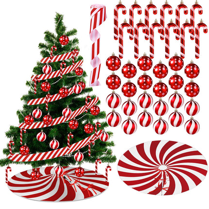 Shappy Red White Christmas Tree Ornaments Sets Red and White Christmas Tree Skirt Decorations Dots Stripes Ball Striped Fabric Plastic Canes for Xmas Holiday Party Supplies(39.4'')