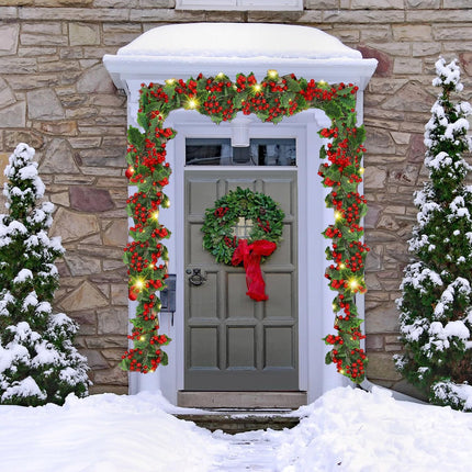 9FT Christmas Garland with Lights,Pre-lit Artificial Red Berries & Holly Leaves Lighted Garlands,Indoor Outdoor Xmas Decor,Winter Home Year Mantle Fireplace Table Decortions