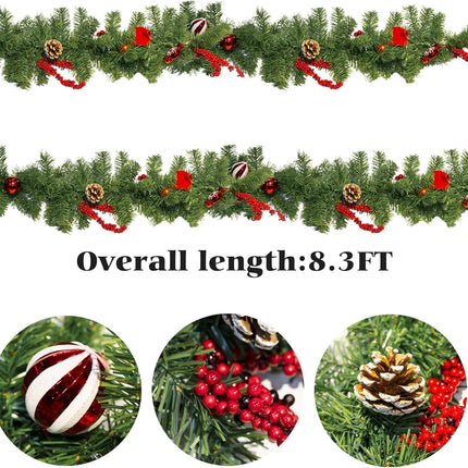 FUNPENY 9 FT Artificial Christmas Garland, Pre-Lit 50 LED Battery Operated Lighted Xmas Garland with 8 Modes for Indoor Holiday Door Home Decorations (Red)