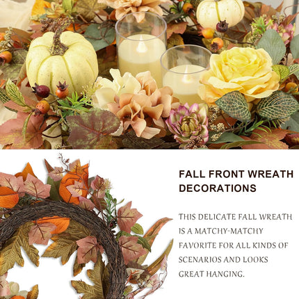 Fall Wreath, Pumpkin Fall Wreaths for Front Door, 22 inch Autumn Wreath for Indoor Outdoor Harvest Festival Thanksgiving Christmas and Fall Decorations