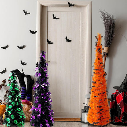 Blosssound 3 Pcs 4/3/2ft Christmas Tree Tinsel Pop up Collapsible Christmas Tree Artificial Pencil Tree for Christmas Party Holiday Indoor Home Decorations, Green Purple Orange