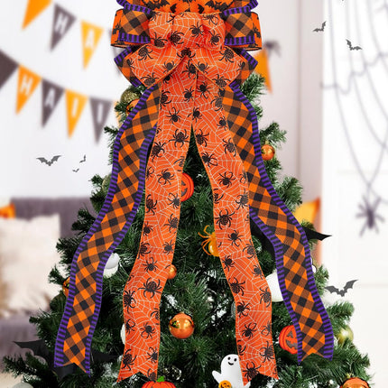 Large Halloween Tree Topper Bow - Christmas Tree Decor Bow with 3 Various Ribbons, Hanging Halloween Tree Ornaments with Ties for Home Front Door Stair Holiday Party, Orange