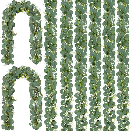 CQURE 8Pcs Eucalyptus Garland,Artificial Eucalyptus Leaves Table Greenery Garland Wreath Vines for Wedding Party Table Bedroom Wall Decor