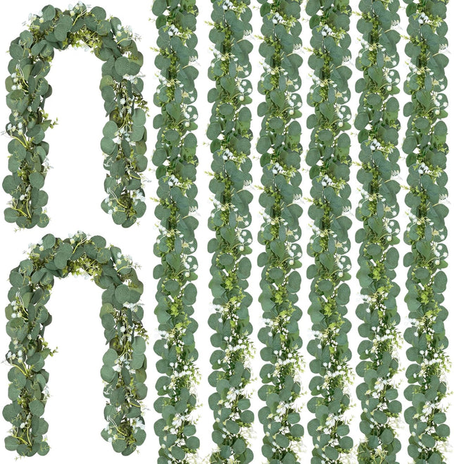 CQURE 8Pcs Eucalyptus Garland,Artificial Eucalyptus Leaves Table Greenery Garland Wreath Vines for Wedding Party Table Bedroom Wall Decor
