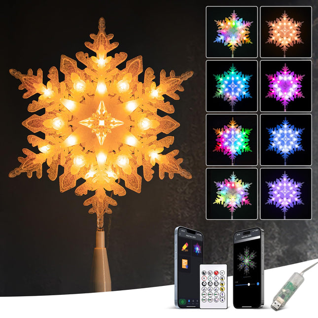 10” Smart Christmas Snowflake Tree Topper, 20 RGB LED Lights, 16 Mil. Colors Changing, Music Sync, Timer, Xmas Treetop Decorations