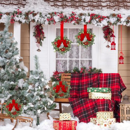 Syhood 2 Pcs 9" Mini Christmas Wreath with Light Red Berry Kitchen Cabinet Wreaths Mini Farmhouse Wreath with Red Velvet Bow for Christmas Porch Wall Window Decor
