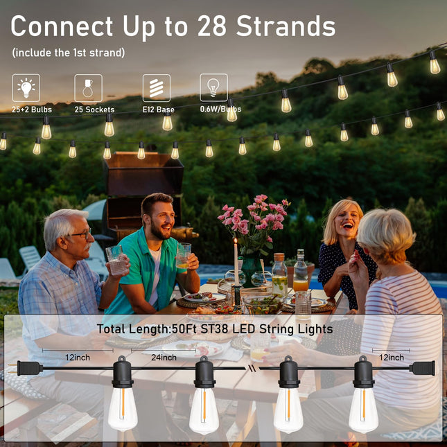 GOOTHY LED Outdoor String Lights 50Ft Outdoor Patio Lights with 27 Shatterproof ST38 Vintage Edison Bulbs, Commercial Grade Outdoor Decorations Lights Weatherproof for Backyard Porch Garden Wedding