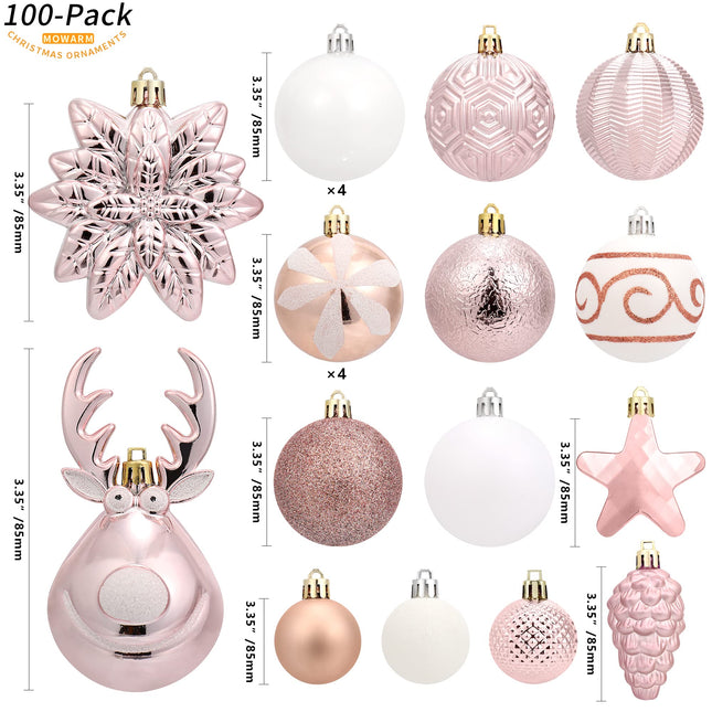 100-Pack Various Shatterproof Christmas Balls, Christmas Decorative Ball Ornaments for Xmas Tree- Rose Gold
