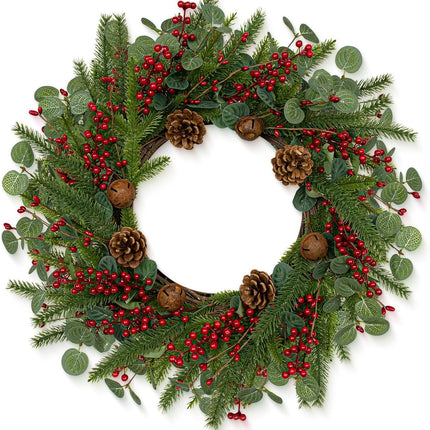 Artifical Christmas Door Wreath 22 Inches Christmas Wreaths for Front Door Rustic Winter Wreath with Evergreen Pine Needle Pinecone Red Berries for Wall Porch Window Holiday Indoor Outdoor