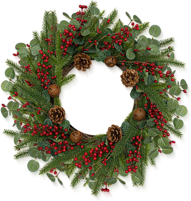 Artifical Christmas Door Wreath 22 Inches Christmas Wreaths for Front Door Rustic Winter Wreath with Evergreen Pine Needle Pinecone Red Berries for Wall Porch Window Holiday Indoor Outdoor