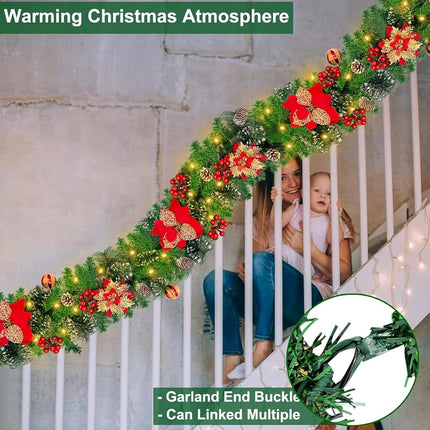6 Ft by 10 Inch Prelit Christmas Garland with 30 Lights Timer 8 Modes 6 Poinsettia 4 Ball Ornaments 170 Branch Snowy Bristle 88 Red Berries 8 Pinecones Battery Operated Cedar Garland Home Indoor Decor