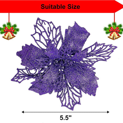 Zhenrui 12 pcs 6” Christmas Poinsettia Flower, Glitter Poinsettia Tree Ornaments, Purple Artificial Flower Decorating Wreath Garland, Great for Wedding Holiday and Home Decor, with Stems