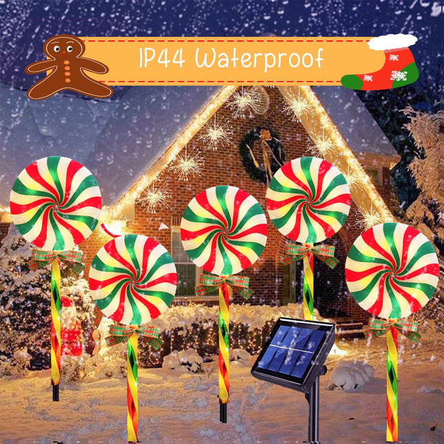 Christmas Solar Lollipop Pathway Lights 5 Pack Outdoor Candy Cane Stake Light with Bow Waterproof Walkway Xmas Outsides Garden Yard Lighting Landscape Decorative Decoration