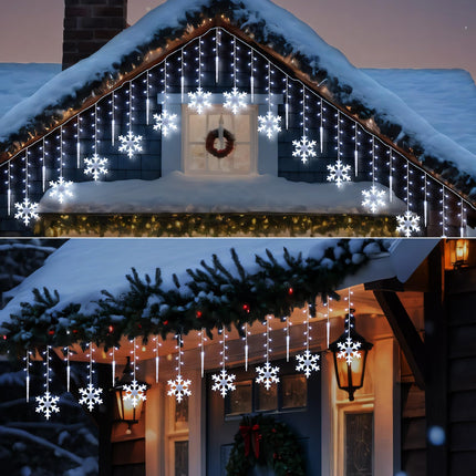 Enhon 14 Drops Christmas Snowflake Icicle String Light Outdoor, 11.5FT 175 LED Large Hanging Snowflake Icicle Window Curtain Fairy Outdoor Light with 8 Light Modes for Christmas(Cool White)