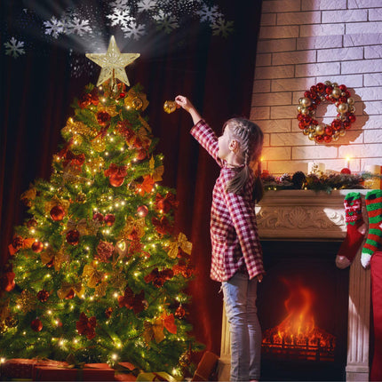 Ryhpez Christmas Tree Topper, Gold Star Christmas Tree Toppers with LED Rotating Snowflake Projector Lights, 3D Glitter Lighted for Christmas Tree Decorations Holiday Party
