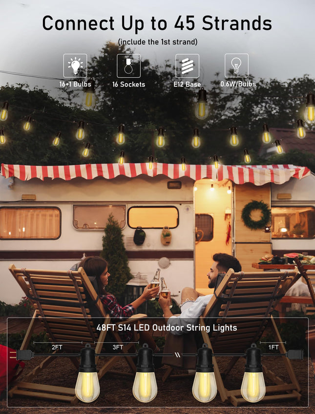 S14 LED Outdoor String Lights Christmas 48FT Patio Lights Outdoor Waterproof with 16 Shatterproof LED Bulbs, Hanging Backyard Lights UL Listed for Outside Deck Patio Garden Balcony Holiday Decorations