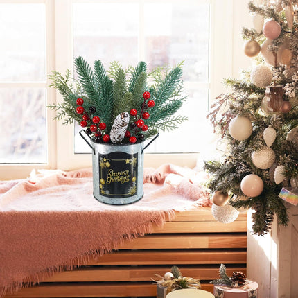 Winlyn 1 Pack Christmas Floral Arrangement Centerpieces Artificial Pine Needle Cedar Red Berry Pinecone in Galvanized Pots Small Potted Christmas Tree 12.4" Tall for Holiday Home Mantel Tabletop Décor