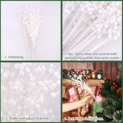 12 PCS Artificial Glitter Berry, White Christmas Glitter Picks Artificial Berries Stems Ornaments Fake Xmas Stem Decorative Sticks for Vases Tall DIY Wreath Home Decor (15.8’’)