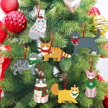 12pcs Christmas Cat Ornaments Wooden Kitty Hanging Ornaments with Christmas Hat and Scarf for Christmas Tree Winter Home Decor Cat Themed for Cat Lovers