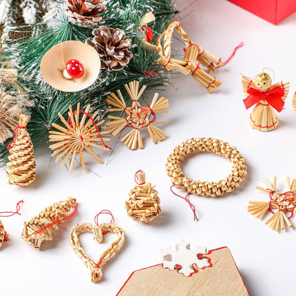 Gerrii Straw Ornaments Set Scandinavian Christmas Decorations Including Stars Snowflakes Hearts Angel Wreath Goats/Julbuck for Danish Norwegia Nnordic Christmas Tree (Vivid,27 Pcs)