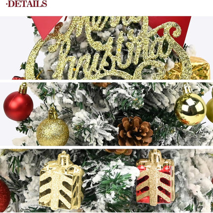 24 Inch Snowy Mini Christmas Tree with LED Lights, Small Xmas Tabletop Tree with Christmas Ornaments, Artificial Desktop Xmas Tree with Cloth Bag Base, Best DIY Christmas Holiday Party Decorations
