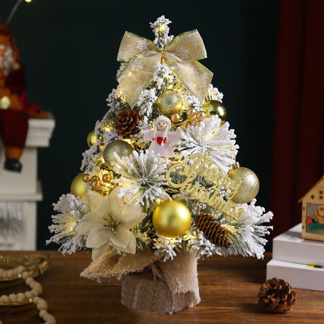 18 inch Gold Snow Flocked Tabletop Christmas Tree Glowing Mini Artificial Christmas Trees with Angel Christmas Balls Ornaments Bow Berries Pine Cones DIY Xmas Tree Winter Table Centerpieces