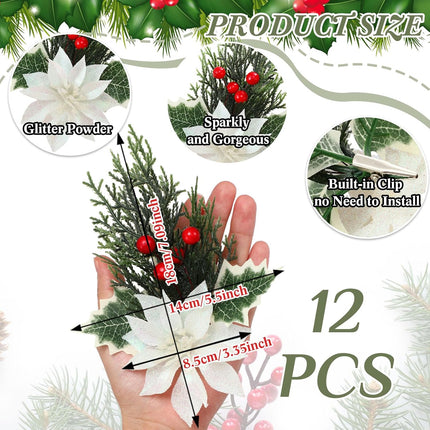 Hotop 12 Pcs Poinsettia Flowers Christmas Artificial Glitter Flower with Clips Poinsettia Christmas Decorations Artificial Christmas Flowers for Garland Wreath Tree Home Party(White,Classic)