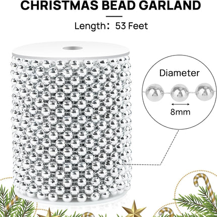 53 Feet Christmas Tree Beads Garland, 8mm Artificial Silver Beaded Garland for Christmas Tree DIY, Faux Pearl Strings Bead Roll for Christmas Wreath, Wedding Party, Christmas Tree Decoration(Silver)
