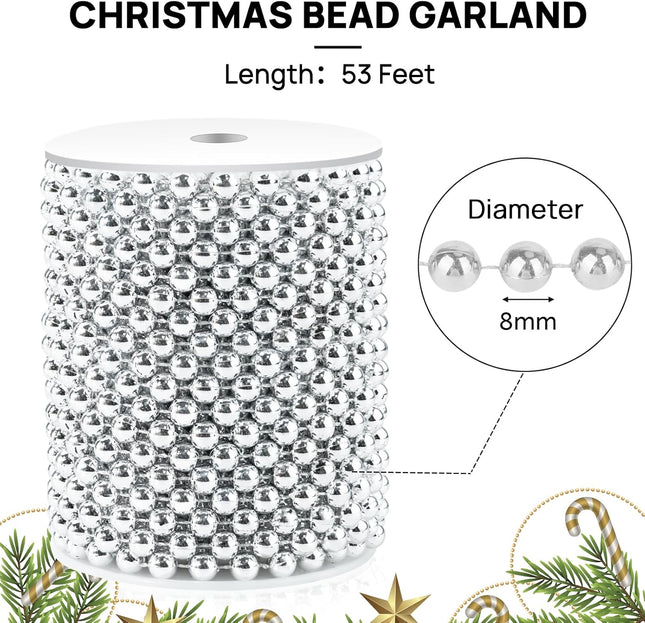 53 Feet Christmas Tree Beads Garland, 8mm Artificial Silver Beaded Garland for Christmas Tree DIY, Faux Pearl Strings Bead Roll for Christmas Wreath, Wedding Party, Christmas Tree Decoration(Silver)