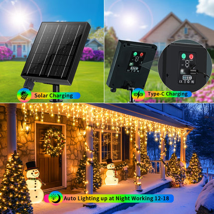 Solar Icicle Lights Christmas Decorations 60+16Ft 600 LED Christmas Lights Outdoor Waterproof 2400mAH Connectable Rechargeable Dimmable Remote 8 Modes Twinkle Curtain Light for Halloween Balcony Patio