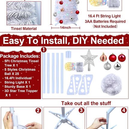 5 Ft Pop Up Christmas Tree with Timer Dual Color Change 8 Mode, 1 Minute Christmas Tree 50 Warm White & Colorful Light 3D Star 25 Ball Ornament Battery Operated Slim Tinsel White Xmas Tree Indoor