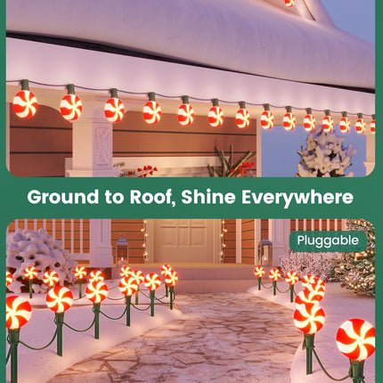 SURAIELEC Christmas Lollipop Pathway Lights Outdoor, 25FT Set of 20 LED Peppermint Candy Lights with Stakes, Connectable Waterproof Walkway Lights for Lawn, Driveway, Yard, Christmas Tree, UL Listed