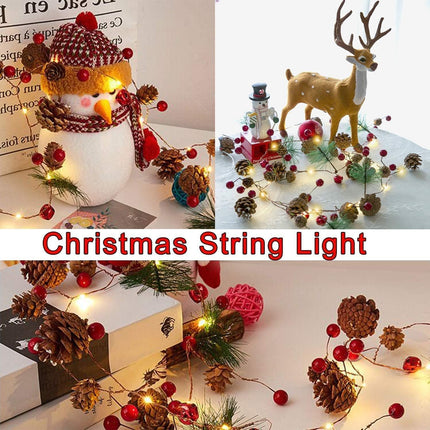 AMENON 2 Pack Christmas Pinecone Lights Total 14 Ft 40 LED Red Berry Pine Cone Garland with Timer Lights Battery Operated Xmas Fairy String Lights Home Indoor Christmas Decorations, 7 Ft 20 LED Each