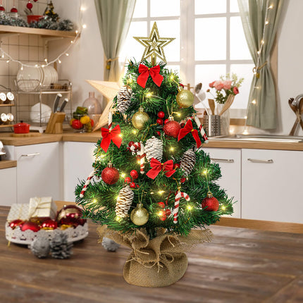 24 Inch Mini Christmas Tree, Small Artificial Christmas Tree with LED String Lights, Star Tree Topper and Hanging Ornaments, Tabletop Christmas Tree with Lights for Holiday DIY Christmas Decorations