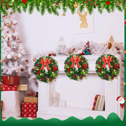 3Pcs Christmas Wreath 14 Inch LED Prelit Artificial Christmas Wreaths for Front Door 60 Lights Timer Battery Operated with Red Berries Bow Pine Cones Cypress Leaves Ball Glitter Xmas Decor