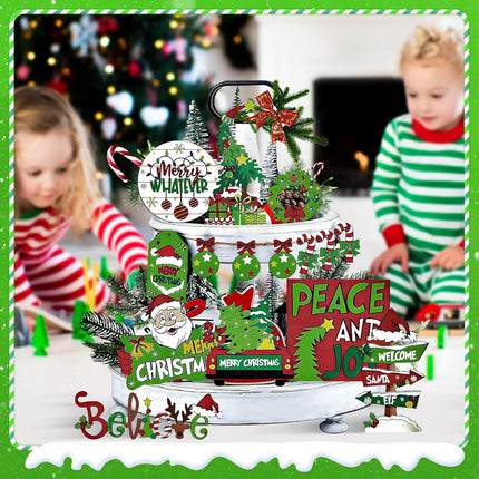 Christmas Tiered Tray Decor Set Gnomes Farmhouse Decor Winter Snow Wooden Signs Indoor Rustic Xmas Green Table Wreath Snowmobile Santa Claus Hat Tabletop for House Kitchen Party Festival