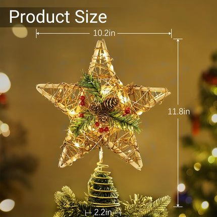 Brizled Christmas Tree Star, 10'' Rattan Christmas Tree Topper with 30 LED Lights, Battery Powered Xmas Treetop with Red Berries & Pine Cones, Christmas Tree Top Ornament for Christmas Tree Home Decor