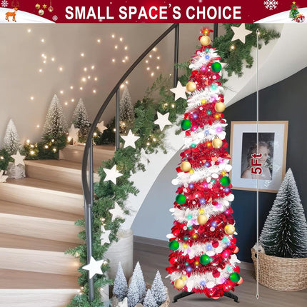 Fake Christmas Tree Christmas Decor - 5 Ft Tall Skinny Christmas Tree Collapsible with Timer 50 Lights 10 Balls, Tinsel Red Christmas Tree Christmas Decor for Home Bedroom Fireplace(Red White)
