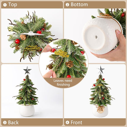 Mini Tabletop Christmas Tree, 14 Inch Artificial Small Xmas Tree with Red Berry, Pine Cone, Fake Greenery for Table Top Office Desk Classroom Room Holiday Christmas Decor(Silver Star)