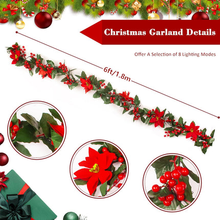 Christmas Garland with Lights Indoor Christmas Decorations Pre-Lit Artificial Christmas Garland for Christmas Tree Fireplace Staircase 6FT Poinsettias Holly Leaves Red Berries