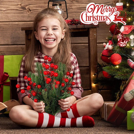 100 Pieces Artificial Pine Needles Branches and Artificial Red Berry Stems Fake Greenery Pine Picks Christmas Red Berry Picks Holly Berries Branches Christmas Fake Tree Branches for DIY Garland Wreath