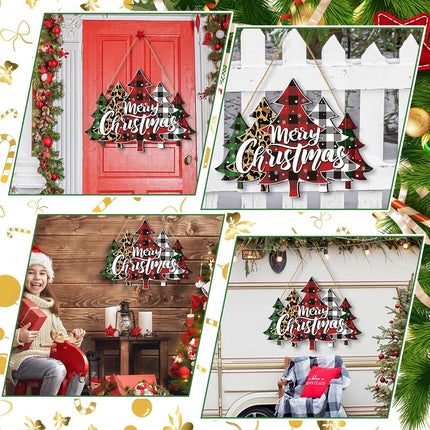 BBTO Merry Christmas Door Sign Buffalo Plaid Tree Wood Decor Farmhouse Hanging Plaque for Porch Xmas Front Outdoor Home Decor(Tree Style)