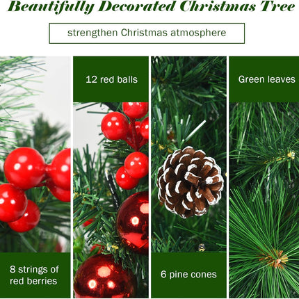 24 Inch Pathway Christmas Tree Set of 2, Battery-Powered Mini Christmas Tree w/ 30 LED Lights, 8 Flashing Modes, Berries, Pine Cones & Ornaments, Pre-lit Xmas Tree for Lawn, Yard