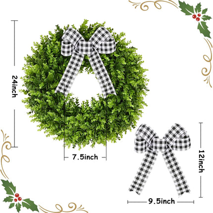 24" Faux Round Boxwood Wreath, Vlorart Artificial Boxwood Wreath Front Door Wreaths Artificial Spring Summer Greenery Hanging with A Plaid Bow and sash for Front Door Wall Hanging Window Wedding Decor