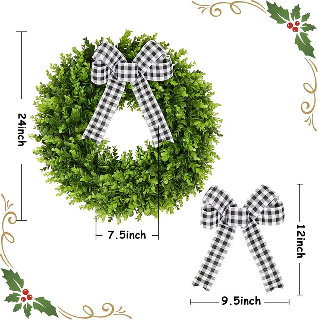 24" Faux Round Boxwood Wreath, Vlorart Artificial Boxwood Wreath Front Door Wreaths Artificial Spring Summer Greenery Hanging with A Plaid Bow and sash for Front Door Wall Hanging Window Wedding Decor