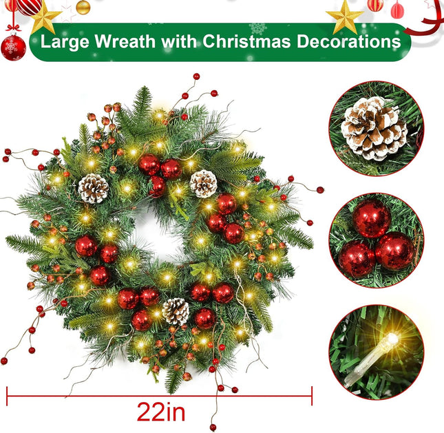 Beinhome Pre-Lit Christmas Wreath with Timer Lights, 22in Christmas Wreaths Winter Wreath for Front Door Decor, Wreaths with Berries Red Ball Pine Cones Ornaments for Christmas Door Decoration