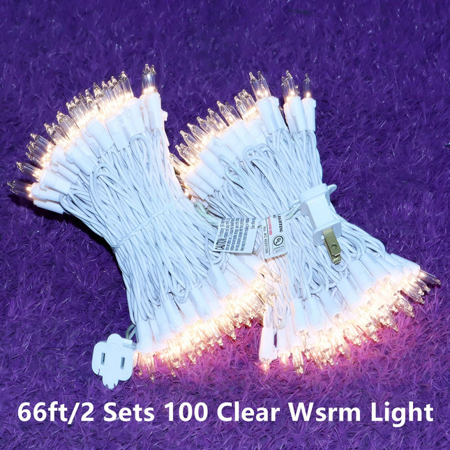 LUCKY SHINE 200 Clear Warm Christmas Lights, 2 Sets100 Light with White Wire 66 Foot, UL and Commercial Grade, for Indoor and Outdoor Party, Patio, Trees, Garden.