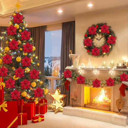SHACOS 10 pcs 11.8" Artificial Christmas Red Poinsettia Flowers Clips on Large Velvet Floral Picks Christmas Tree Ornaments Wreath Garland Decoration Indoor Outdoor