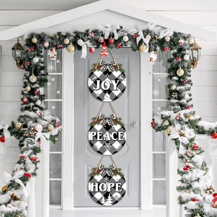 6 Pcs Christmas Hanging Sign Decorations Plaid Wreaths Door Sign Plastic Round Peace Joy Love Decorative Sign with Rope for Xmas Holiday Party Front Door Windows Walls Decor (Black and White)
