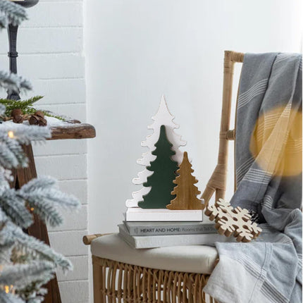 Farmhouse Tabletop Christmas Tree Decorations 10 Inch, Distressed White and Green Rustic Small Wooden Christmas Trees for Entryway Living Room Bedroom, Halloween Tables Centerpieces